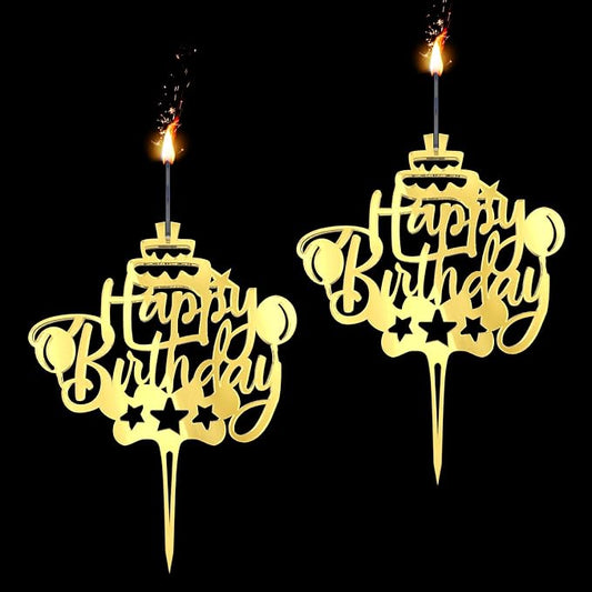 Happy Birthday Cake Topper Candle for Birthday Party Decorations, Acrylic Golden, 2 Wicks, 2 pcs.
