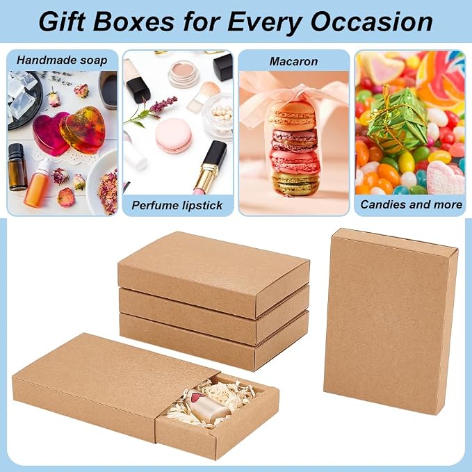 BENECREAT 20 Pack Brown Kraft Paper Drawer Boxes, 5.3x3.8x1 Inch Rectangle Kraft Paper Gift Box Cookie Boxes for Wedding Party Gifts, Jewellery Packaging