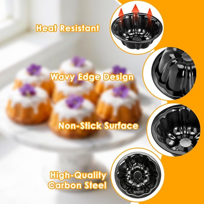10Pcs 4 Inch Mini Fluted Cake Pan Nonstick Mini Fluted Tube Cake Pan, Carbon Steel Mini Flan Molds Pan with Oil&Dish Brushes, Reusable Oven Baking Mold for Cupcake, Bread Chocolate, Brownie