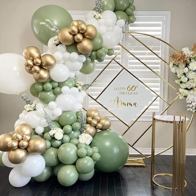 Sage Green White Gold Balloon Arch Kit, 156Pcs Latex Balloons Different Sizes 18 12 10 5 Inch Party Balloon Garland Kit for Baby Shower, Wedding, Engagements, Birthday, Anniversary Decorations