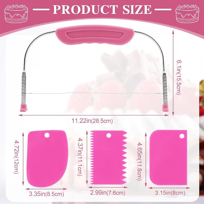 Adjustable Cake Leveler Cutter With 3PCS Cake Scrapers Set,Baking Supplies Tool for Kitchen,Large Size Cake-Cutter Slicer for Leveling,Single Stainless Steel Wire & Plastic Handle(COLOR:Rose Red)