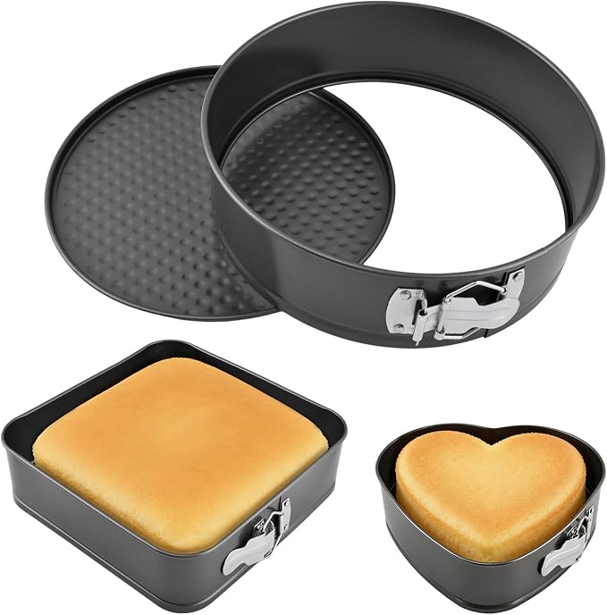 Set of 3 Springform Cake Tins Heavy Duty, Double Layer Non-Stick Coating, Removable Base, Heavy Duty Carbon Steel, Perfect for Frozen Desserts - Oven Safe Bakeware (Square Round Heart)