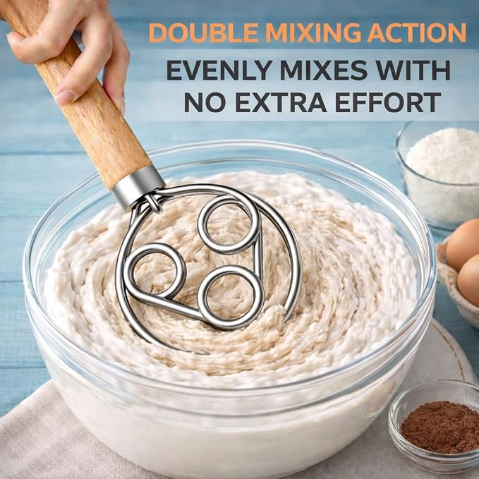 Danish Dough Whisk for Sourdough – Thick Stainless Steel Dutch Whisk with Ergonomic Oak Handle – Heavy-Duty Dough Mixer for Bread & Baking