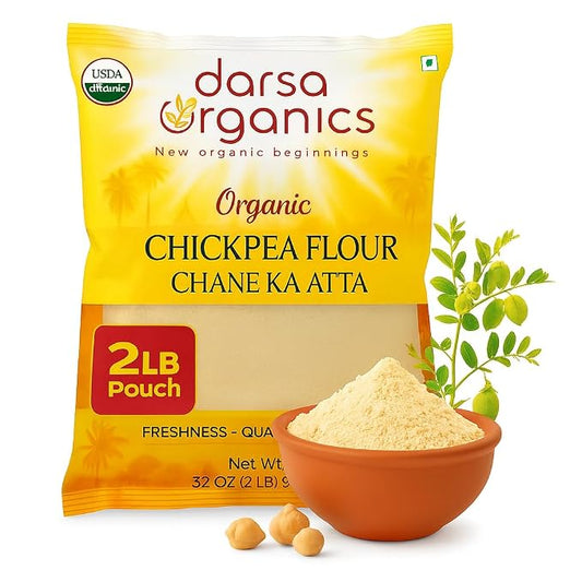 Darsa Organics Chickpea Flour 2 lb - Premium Stone Ground Besan Flour - Gluten Free Garbanzo Bean Flour for Baking and Cooking - Non-GMO Gram Flour, Chemical Free, Vacuum Sealed Bag
