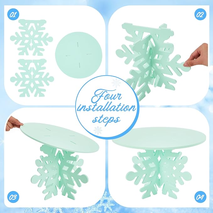 Lallisa 12" Snowflake Frozen Cake Stand Light Green 3D Snowflake PVC Cake Decorations with Engraved Snow Themed Holder Dessert Stand Centerpieces for Frozen Winter Birthday Party Supplies