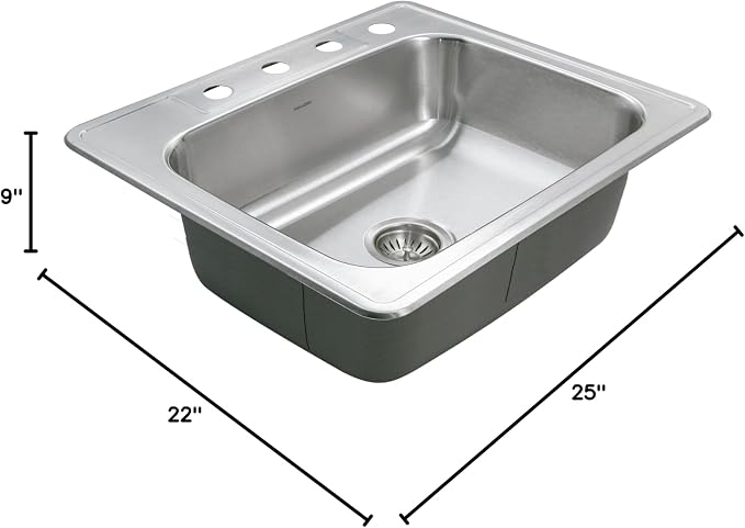Houzer Glowtone Stainless Steel Kitchen Sink - 25 Inch Drop-In Topmount 4-Hole Single Bowl Sink, Durable & Versatile, Essential for Home & Apartment, Nested 20-Pack - 2522-9BS4-20