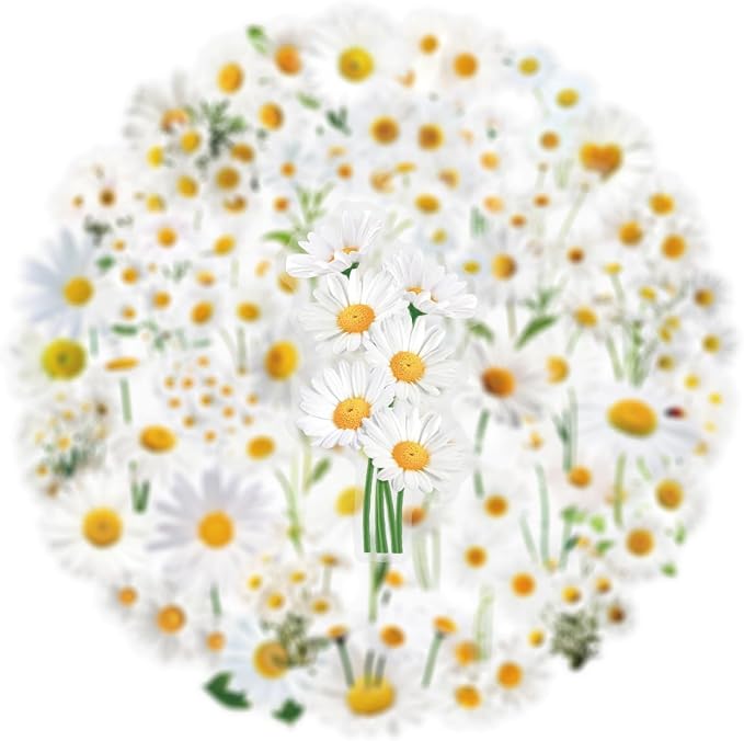 Daisy Flower Stickers - 50PCS Aesthetic White Daisy Stickers Waterproof PET Decals for Journaling, Scrapbooking, Water Bottles, Laptops, Perfect for Plant Lovers & Craft Enthusiasts