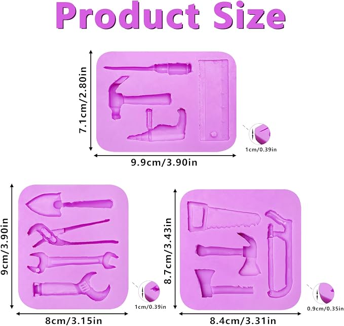 3 Pieces Hand Tools Silicone Fondant Molds, Construction Tool Molds | for Chocolate Cookie Cupcake Decorating Toppers Candy Polymer Clay Resin Crafts Birthday Party