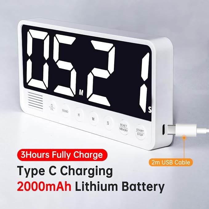 Digital Kitchen Timer - 7.1” Extra Large Display LED Magnetic Rechargeable Countdown/Up Timer, with 6 Alarms 4 Levels Volume Memory Function for Cooking, Classroom, Office, Home Gym (White)