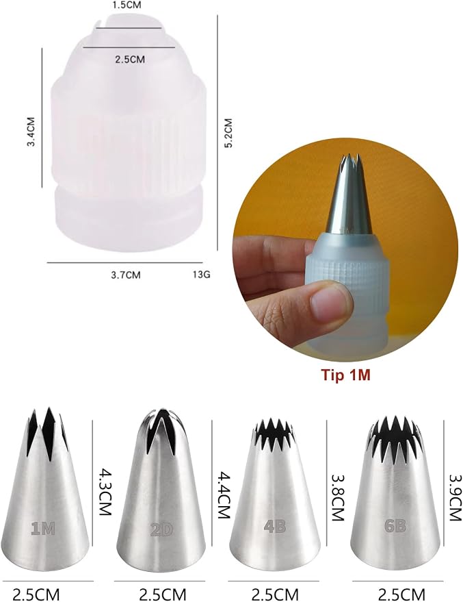 1M 2D 4B 6B Large Piping Tips and Coupler Set,Star Rose Drop Flower Churros Eclairs Icing Tips with Coupler for Cake Cupcake Cookie Decorating