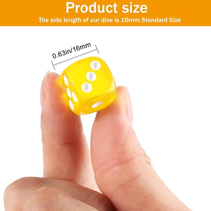 24 of Pack 16MM 6 Sided Dice Set,Translucent Colors D6 Game Dice Set, 6 Sided Standard Dices for Yahtzee, Bunco or Teaching Math,with Portable Dice Pouch(Yellow)