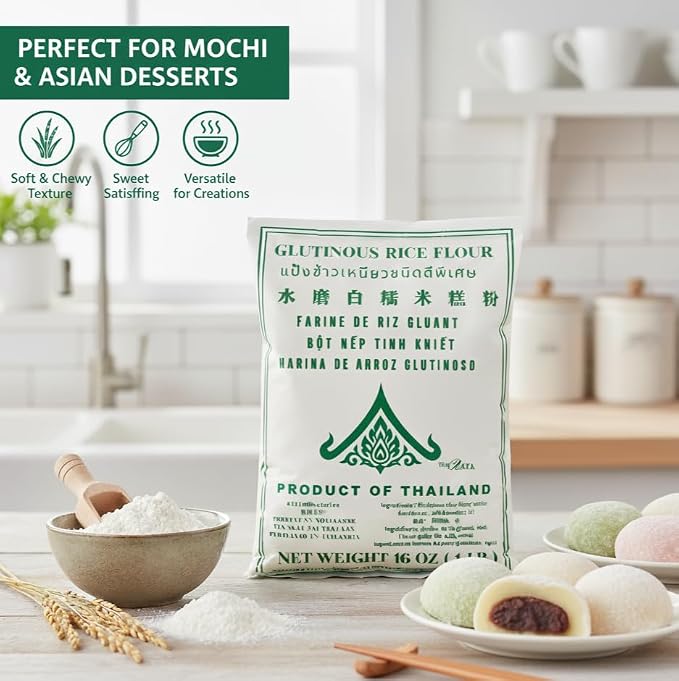 Thairaya Glutinous Rice Flour 16 Ounce Sticky Rice Flour for Mochi, Tangyuan For Baking, Cooking, and Asian Treats Product of THAILAND, All Natural Vegan Gluten free (Pack of1) sticky rice organic flour shiratamako harina de arroz glutinoso mochiko flo...