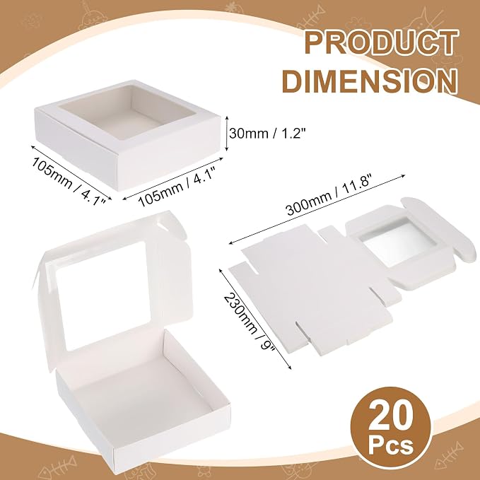 uxcell 20Pcs Kraft Soap Boxes, 4.1 x 4.1 x 1.2Inch Mini Kraft Treat Box with Clear Window for Candy Cookie Gift Party Festival Favor Treats Packaging (White)