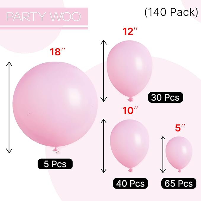 PartyWoo Pink Balloons 140 pcs Different Sizes of 18 12 10 5 Inch Pastel Pink Balloons Arch Kit Garland for Baby Shower Gender Reveal Birthday Bridal Shower Princess Party Decorations Pink-Q05
