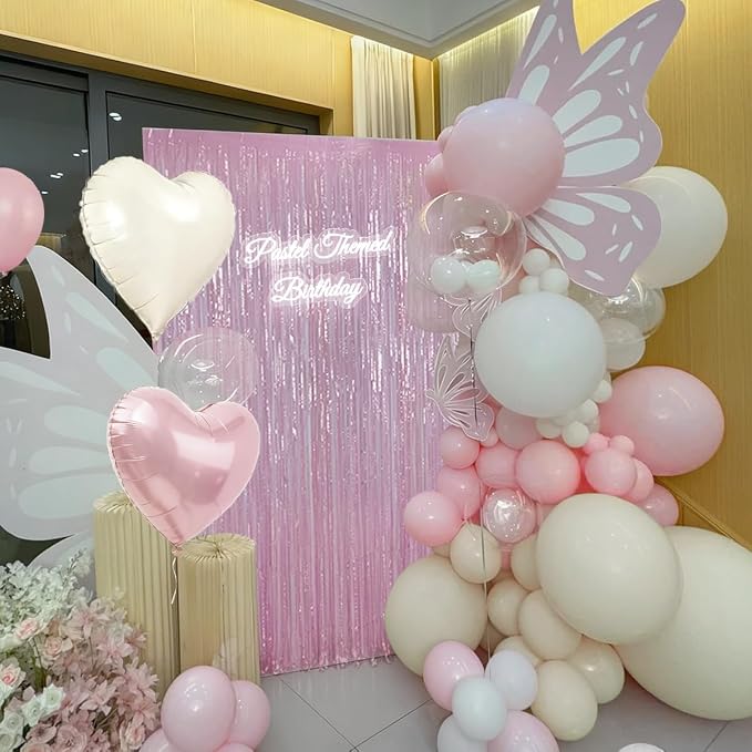 157Pcs Pastel Pink and White Balloons Garland Arch Kit with Fringe Curtain for Woman Girl Princess Birthday Bridal Baby Shower Gender Reveal Engagement Wedding Valentine's Day Party Decorations