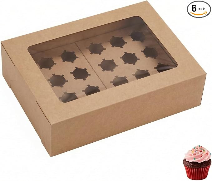 Mini Cupcake Box 6-Pack, Holds 24 Mini Cupcakes, CupCake Holder, Cake Carrier, Food Grade Brown Kraft Pop-up Bakery Boxes, 14 x 10 x 4 inch with Inserts and Window Fits 24 Cupcakes Pack of 6.