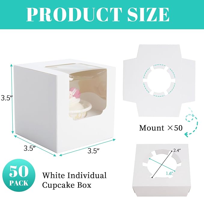 NPLUX 50 Pcs Cupcake Boxes Individual Cupcake Containers Pre-Assembled Single Cupcake Boxes 3.5"x3.5"x3.5" with 50 Pcs Inserts for Cupcakes Muffins Party Favors(White)