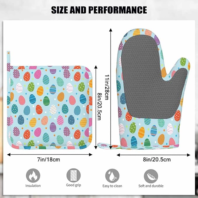 Mxocom Easter Eggs Oven Mitt and Pot Holder with Silicone Easter Colored Eggs on Blue Background Heat Resistant Kitchen for Cooking BBQ Baking Grilling Spring/Summer