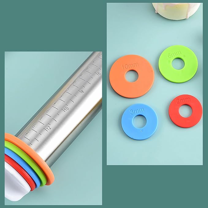 17" Adjustable Rolling Pin with 4 Sets Thickness Rings, Stainless Steel Dough Roller Pin for Pizzas, Pies, Biscuits, Dumplings, Pasta - Easy to Clean