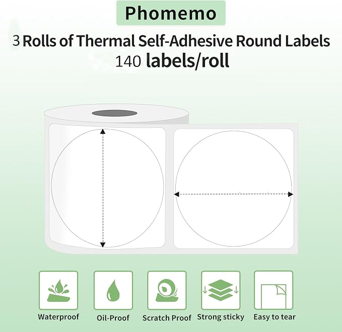 Phomemo Labels- 3 Rolls M110/M100/M220/M221/M150/M250/M108 Round Circle Thermal Paper 1.96" x 1.96"（50x50 mm, Thermal Sticker Round Label for Small Business, Name Labels for Kids, School