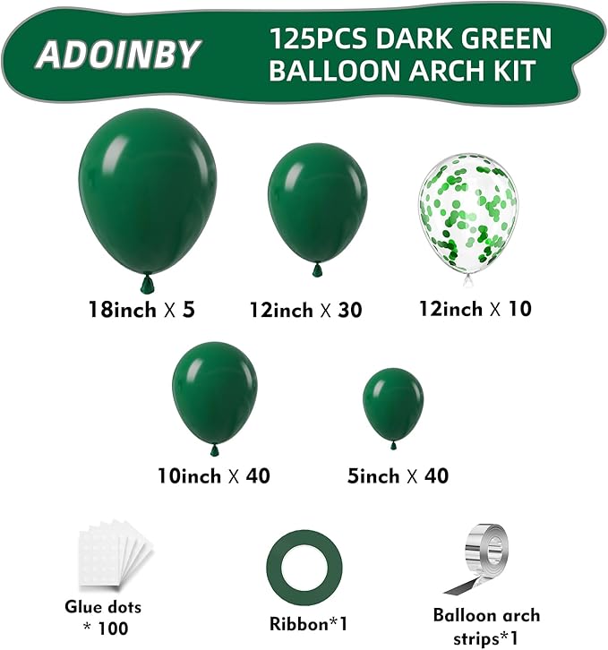 Green Balloon Arch Kit, 125Pcs Emerald Hunter Dark Green Latex Balloon Garland kit, 18 12 10 5 Inch Different Size Balloons for Anniversary Birthday Jungle Theme Christmas Party Decorations