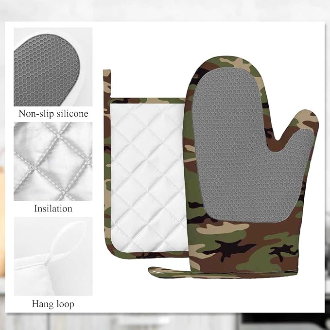 Mxocom Army Camouflage Oven Mitt and Pot Holder with Silicone Hunting Camo Green Hunter Heat Resistant Kitchen for Cooking BBQ Baking Grilling Spring/Summer