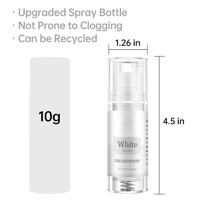White Edible Glitter Spray – Herbeklab 10g Food Grade Edible Shimmer Spray for Cakes, Cookies, Chocolate, Strawberries, Drinks and Cocktails– Upgraded Bottle Design