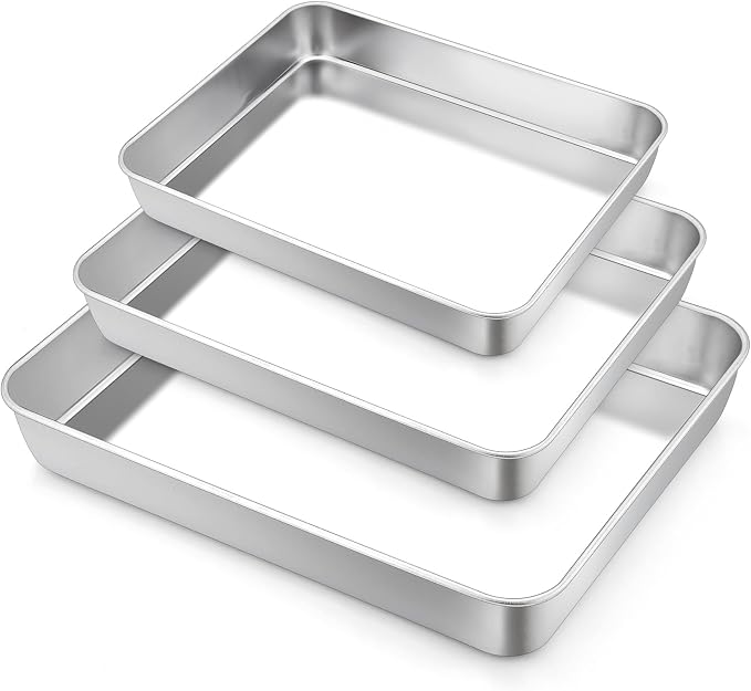 TeamFar Baking Pan Set of 3, 12.5/10.5/9.4 Inch Stainless Steel Deep Sheet Cake Pan for Oven Baking, Rectangle Bakeware Set for Bread/Lasagna/Brownie/Casserole, Healthy & Heavy-Duty, Dishwasher Safe