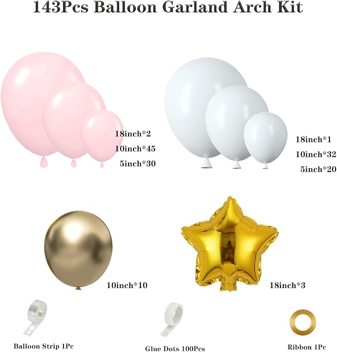 Pink White Gold Balloon Arch Garland Kit 143Pcs Pink White Metallic Gold Latex Balloons with Star Foil Balloons for Wedding Bridal Shower Birthday Party Decorations