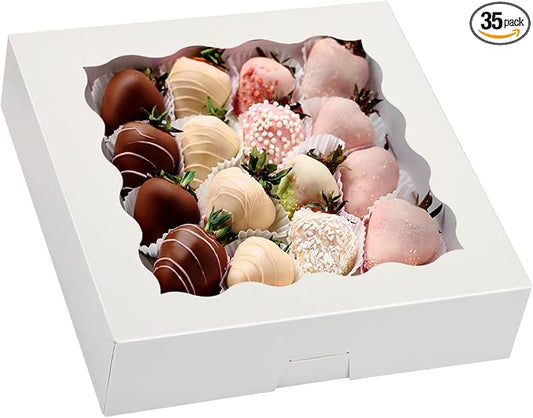 Moretoes 35pcs Bakery Boxes, 10x10x2.5 Inches Auto-Popup Cookie Boxes with Window for Pie, Cookie Cake, Treats, Pastries, Chocolate Covered Strawberries