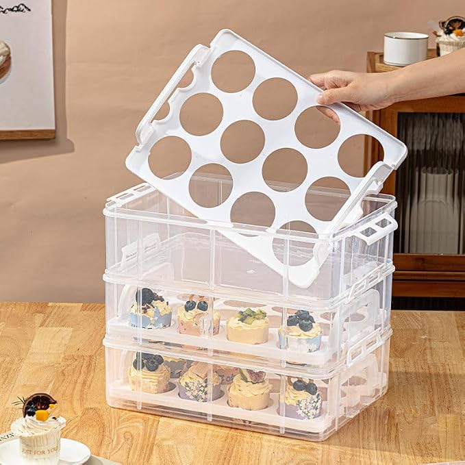 4-Tier Cupcake Carrier Stackable Storage Container,Store up to 48 Cupcakes | Plastic stackable trays with Lid and Handle. Lightweight for parties, baking, travel. Keeps cupcakes secure. BPA-free.