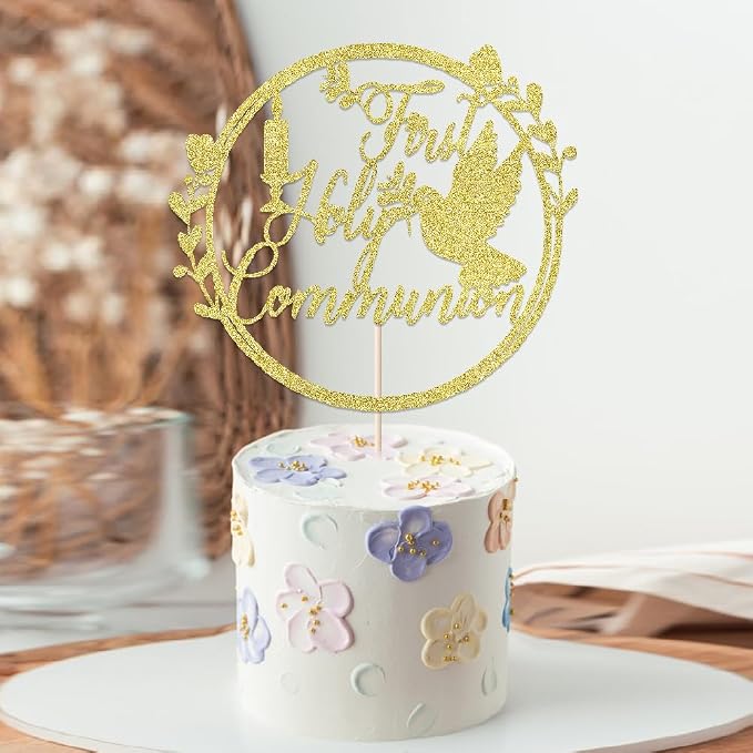 Gold Glitter First Holy Communion Cake Topper-Suitable for Ramadan, Religious Baptism, Baby Shower 1st Birthday Party Decorations, Children's Birthday, God Bless, Communion Party Decorations