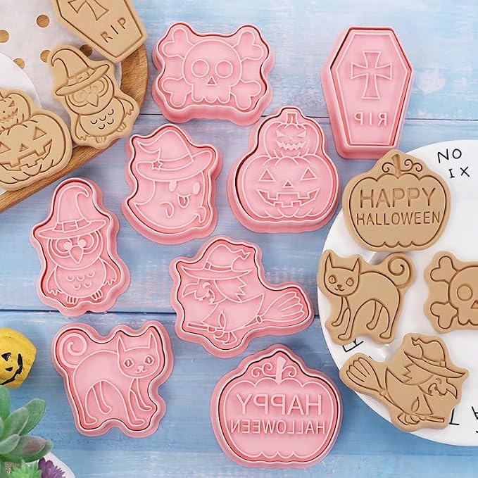 8Pcs 3D Halloween Plastic Cookie Cutters Cookies Moulds for Cake Fondant Biscuit Chocolate Pan Halloween Decoration Gifts