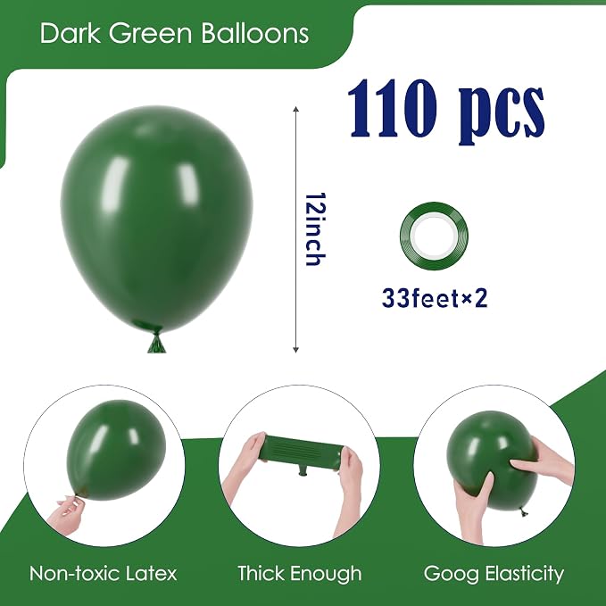Voircoloria 110pcs Dark Green Balloons 12inch Green Latex Party Balloons for Birthday, Graduation, St. Patrick's Day, Christmas, Baby Shower, Dinosaur Party, Anniversary Party Decorations