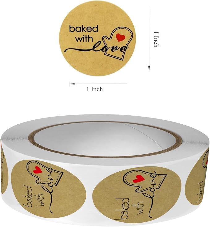 1000PCS Hand Made with Love Stickers,1 Inch Small Round Brown Thank You Red Heart Baking Stickers Label Bakery for Baked Goods Packaging Jam, Jelly Jar Canning Bottle,Cookie Bag (Brown Baked) 1