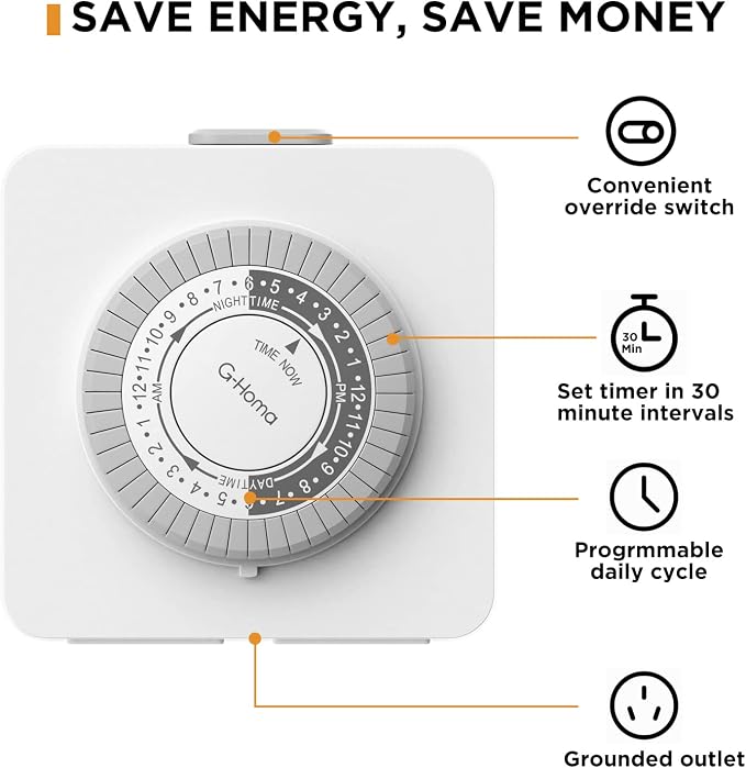 G-Homa Timer Outlet Electric Indoor with 2 Grounded Outlet,Plug-in 24-Hour Mechanical Timers,Daily On/Off Cycle,Energy Saving for Lamps, Seasonal, Christmas Lights and Holiday Decorations (4 Pack)