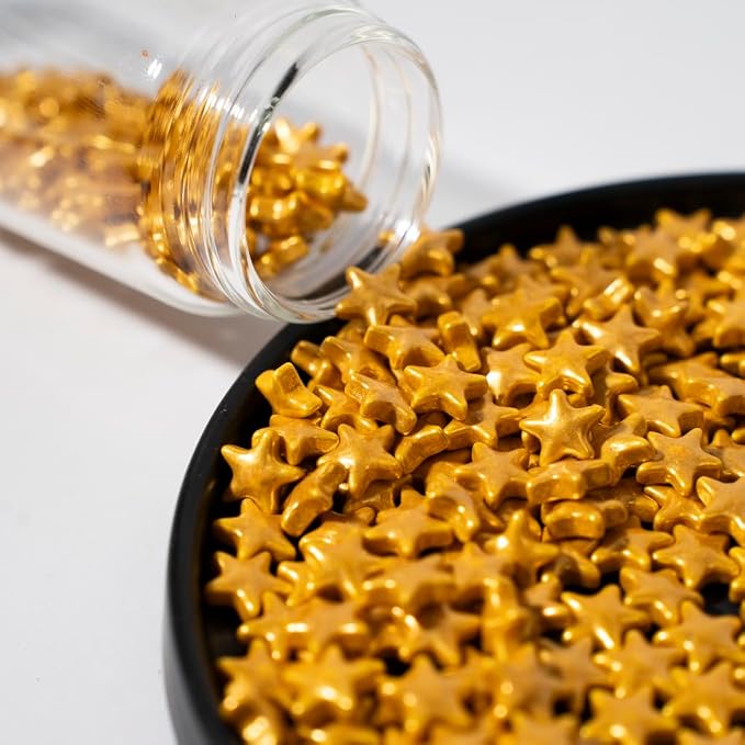 NIPEOR Chrismas Gold Star Sprinkles 4.6oz/130g,Edible Pearls Sugar for Cake Cupcake Decorations Edible Candy Cake Topper for Cake Decorating (Golden Large Star)