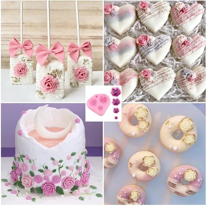 Roses Mold Flower Silicone Cake Molds Chocolate Sugarcraft Decorating Fondant Fimo Tools 4 Size Pink 2 Piece