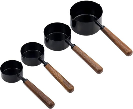 Set of 4 Measuring Cups and Spoons Black Measuring Cups with Wooden Handle Stainless Steel Measuring Spoons and Scoops Set for Kitchen Flour Spice Seasoning Measurement (1+1/2+1/3+1/4 Cup)