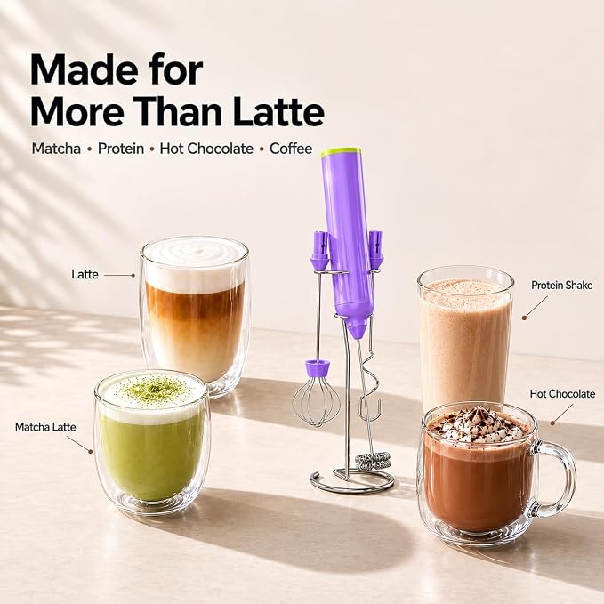 Milk Frother Handheld with 3 Stainless Steel Whisks, Rechargeable Electric Drink Mixer with Stand & Travel Case, Milk Foamer for Coffee, Latte, Cappuccino, Hot Chocolate, Egg,Jam Supplement-Purple