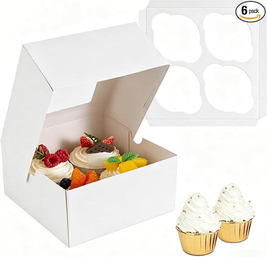 Jotique Cupcake Boxes with Window, 6 Sets 6x6x3 Inch White Paper Bakery Boxes for Cookies and Muffins, Sturdy Disposable Treat Boxes for Individual Pastry, Baked Goods, Gift Giving