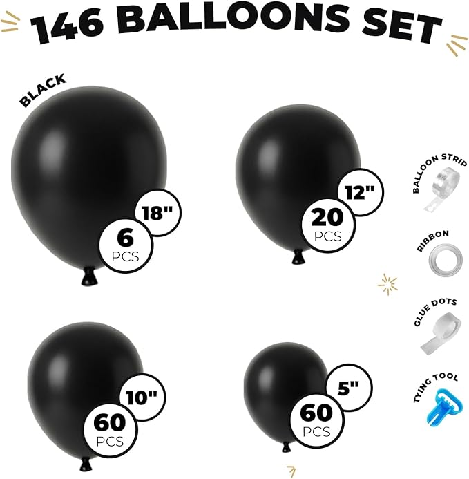 Balloon Garland Arch Kit – 146 Pcs Black Balloons for Baby Shower, Birthday, Gender Reveal, Wedding Party – DIY Kit by Vellax™