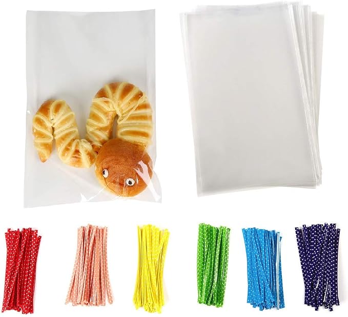 Brandon-super 100 Pcs 10x6 Inch Clear Flat Cello Cellophane Treat Bags Good for Bakery, Popcorn, Cookies, Candies, Dessert. Metallic Twist Ties!