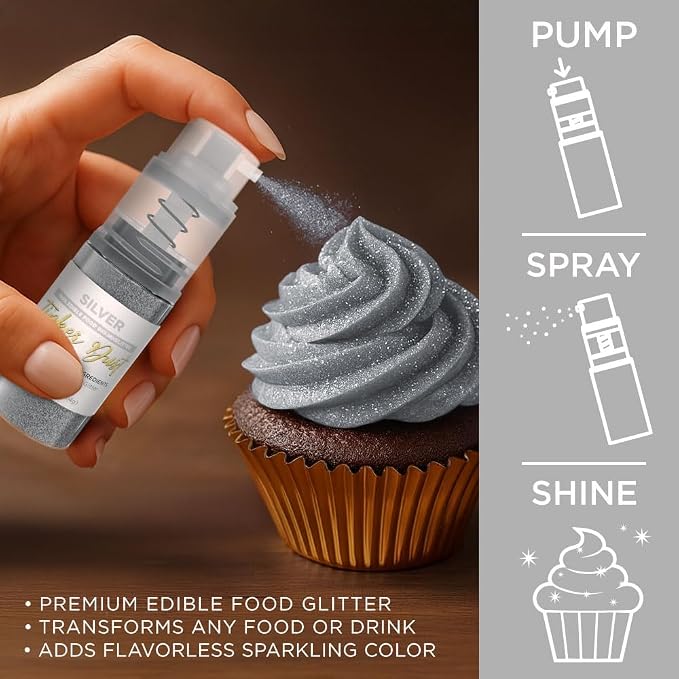Bakell - Silver Tinker Dust (4g, 1x Mini Spray Pump) Edible Glitter for Food, Desserts, and Baked goods!