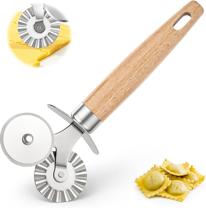 Pastry Cutter Double Wheel,Ravioli Crimper Cutter Wheel,with Exquisite Wooden Handle for Pasta Pizza Ravioli Cookie,Making Tools for Home and Kitchen Use
