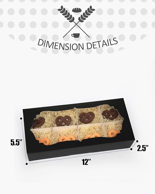 qiqee Black Cookie Box with Window 12x5.5x2.5 inch 24Pcs Two Uses Donut Bakery Box for Packaging(24pcs Bakery Boxes+12 Sets Cookie Dividers+25pcs Sliver Stickers)