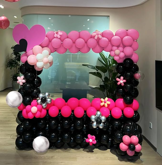 Black Red Pink Silver Balloon Garland Arch Kit, 160Pcs Hot Pink Matte Black Blush Pink Metallic Silver Balloons for Birthday Baby Shower Wedding Bridal Shower Party Decorations