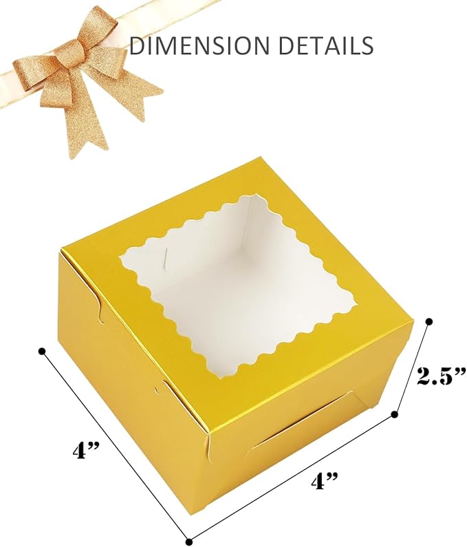 Bakepacker 60pcs Gold Bakery Boxes with Window 4x4x2.5 inches Thick & Sturdy Macaroon Pastry & Cookie Boxes