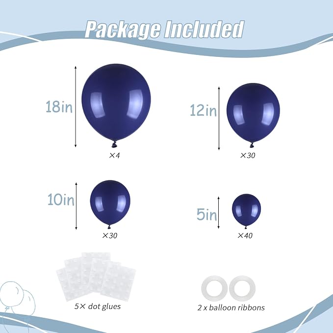 104pcs Navy Blue Balloons - 18/12/10/5 Inch Deep Blue Latex Balloons Garland Arch Different Sizes Pack for Graduation, Father’s Day, Independence Day, Baseball Party Decor