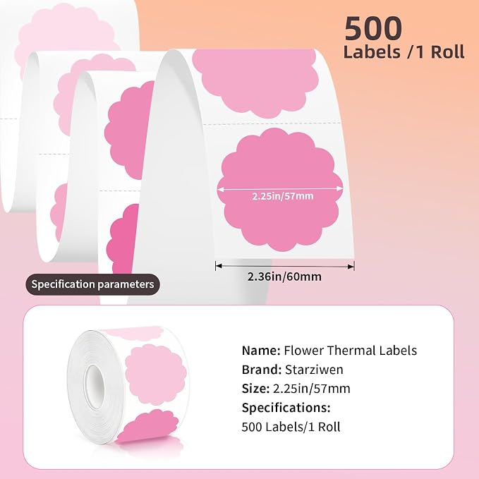 500 Labels/Roll 2.25" Flower Shaped Pink Round Thermal Labels, Waterproof Circle Blank Thermal Sticker Compatible with Direct Thermal Label Printers for DIY Logo Designs, Thank You, Small Business